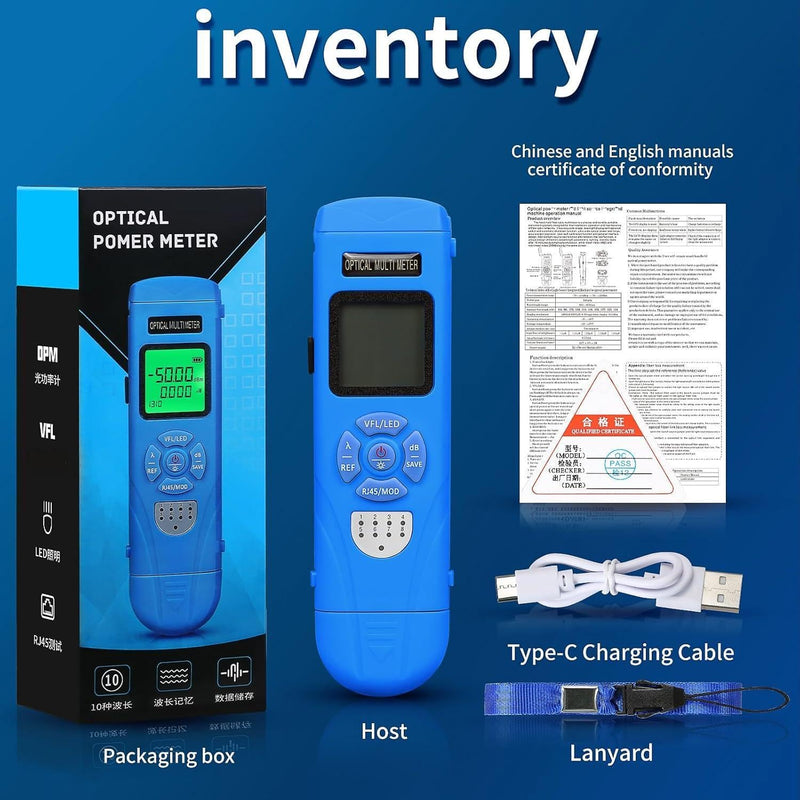 Rechargeable Fiber Optic Power Meter L-C70 (-70 - +10 dBm) Mini Fiber Optic Cable Tester SC/FC/ST 2.5mm Universal Interface, Integrated OPM VFL LED RJ45 Functions, with 1 FC-LC Adapter (OPM-VFL-50) OPM with VFL 50KM