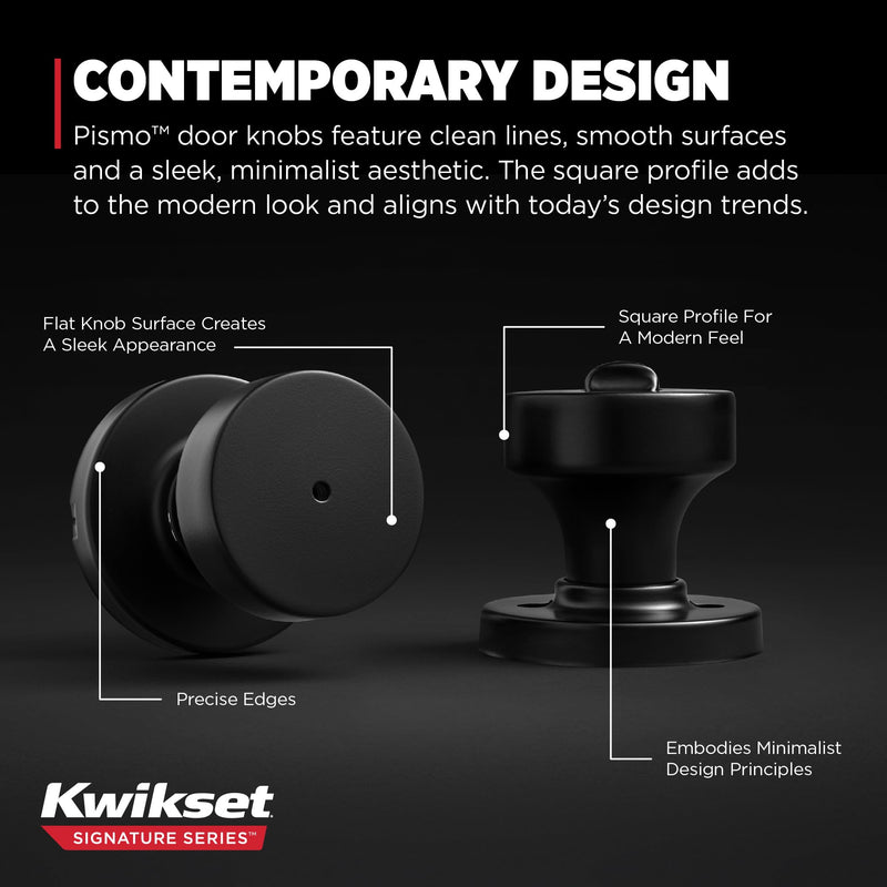Kwikset Pismo Interior Privacy Door Knob with Lock, Door Handle For Bathroom and Bedroom, Matte Black Keyless Turn Lock Doorknob, with Microban Protection 1 Pack
