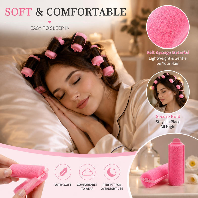12 Pcs Foam Hair Rollers, Heatless Sponge Hair Curlers No Heat, Pink Soft Curling Tools for Women Girls Kids Long Short Thick Thin Hair, Overnight Sleep Home Salon DIY Use