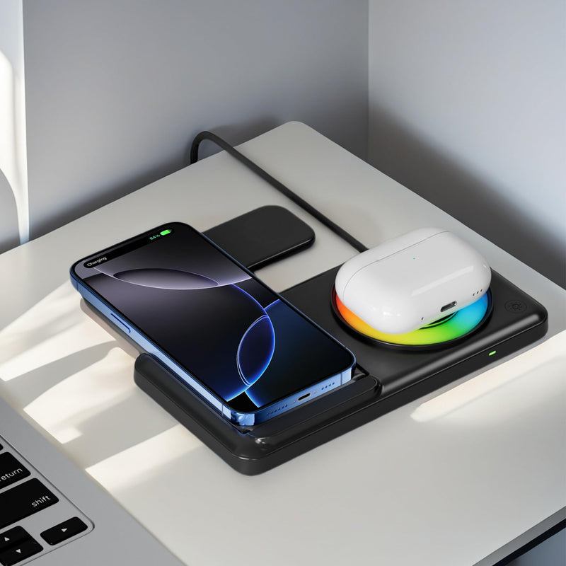Wireless Charging Station with RGB Light for iPhone 17 16 15 14 Pro Max 13 12, Travel 3 in 1 Wireless Charger Stand for Apple Multiple Devices, iWatch 11 10 9 8 7 6 5 4 3 2, Airpods 4 3 Pro White
