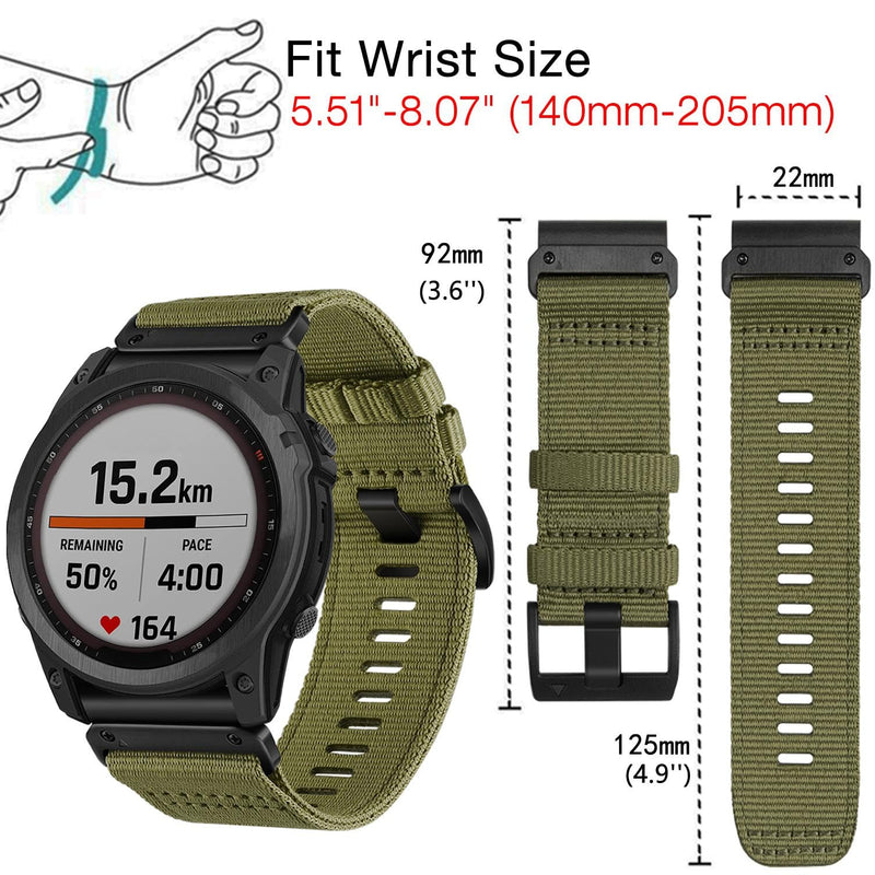 Abanen Upgraded Quick Fit 22mm Nylon Watch Bands for Garmin Fenix 7 / Fenix 6 / Fenix 5 / EPIX Pro 47mm, Adjustable Woven Webbing Sports Strap with Stainless Steel Clasp for Forerunner 955, MARQ Military Green