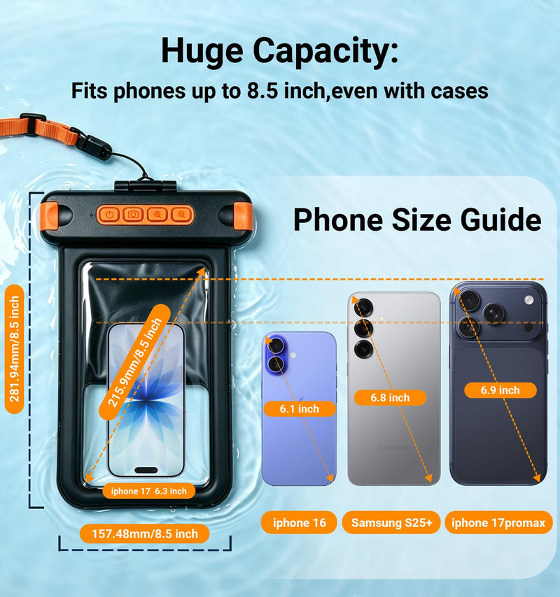 IP68 Bluetooth Shutter Waterproof Phone Pouch Case,Floating,Black | Hands-Free Photo & Video Underwater Control.Large Waterproof Phone Case Universal Fit for 8.5" Phone(iPhone Samsung Google) Black