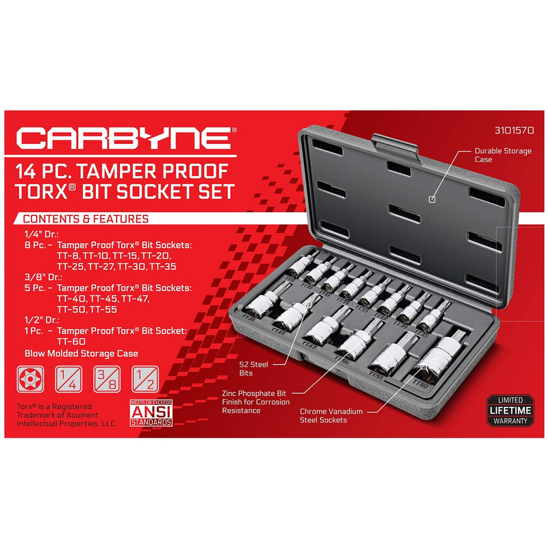 CARBYNE 14-Piece Tamper Proof Torx Bit Socket Set, Security Torx TT8 to TT60, S2 Steel Bits, CrV Sockets, 1/4 in. 3/8 in. 1/2 in. Drive, Durable Case, Genuine Licensed Torx