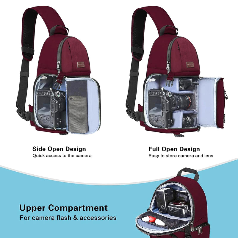 MOSISO Camera Sling Bag, DSLR/SLR/Mirrorless Camera Case Camera Backpack | Shockproof Photography Bag with Tripod Holder&Removable Modular Inserts Compatible with Canon/Nikon/Sony/Fuji, Wine Red