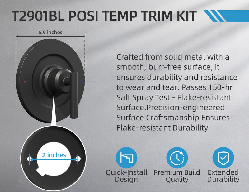 Replacement for Moen single Lever Handle T2901BL Trim Kit, Compatible with Moen Gibson Posi-Temp Shower/Tub 2510/2520/2570/2590 Pressure balanced Valves,Durable Solid Metal,Matte Black T2901BL Trim Kit，Compatible with moen Posi-Temp (Round)