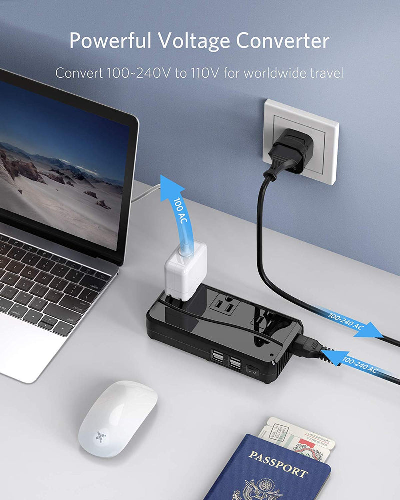 BESTEK Universal Travel Adapter 100-220V to 110V Voltage Converter 250W with 6A 4-Port USB Charging 3 AC Sockets and EU/UK/AU/US/India Worldwide Plug Adapter (Black) 02 EU Plug Black
