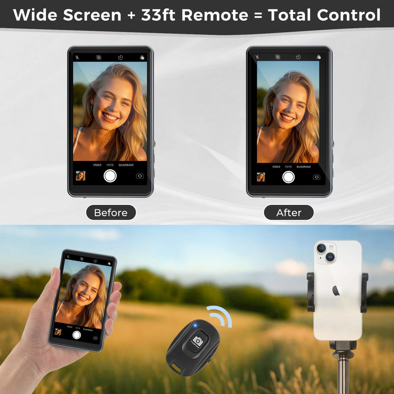 Vlog Selfie Monitor Screen iPhone, Back Camera Monitor iPhone, Gray | Wireless Magnetic Selfie Screen for Android with Bluetooth Remote 1800mAh 3-Level Brightness Wide Screen Mode for Live Stream GraySilver