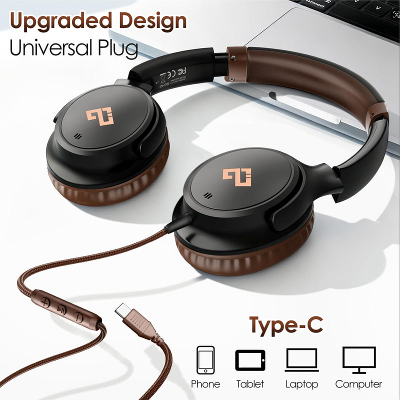USB C Headphones for School Wired Headphones with Microphone-Brown Headset | Lightweight/Foldable/Adjustable/Comfortable Over Ear Headphones for iPad/Travel/iPhone 17, Back-to-School Season, Teen Gifts Brown