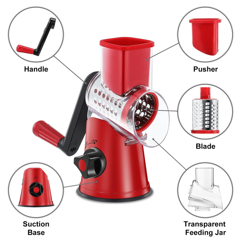 Cheese Grater Rotary, Rotary Grater for Kitchen, Kitchen Grater Vegetable Slicer with 3 Drum Blades, Fast Cutting Cheese Shredder for Vegetables and Nuts Red 3 BLADES