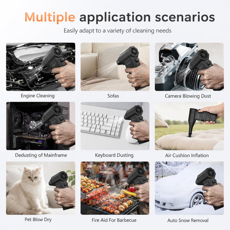 BiLOLLY Compressed Air Duster, 130,000 RPM Electric Air Duster Blower, Rechargeable Turbo Fan with Stepless Speed Control, Portable Mini Jet Blower for Computer, Keyboard, Car, Home and Outdoor Black