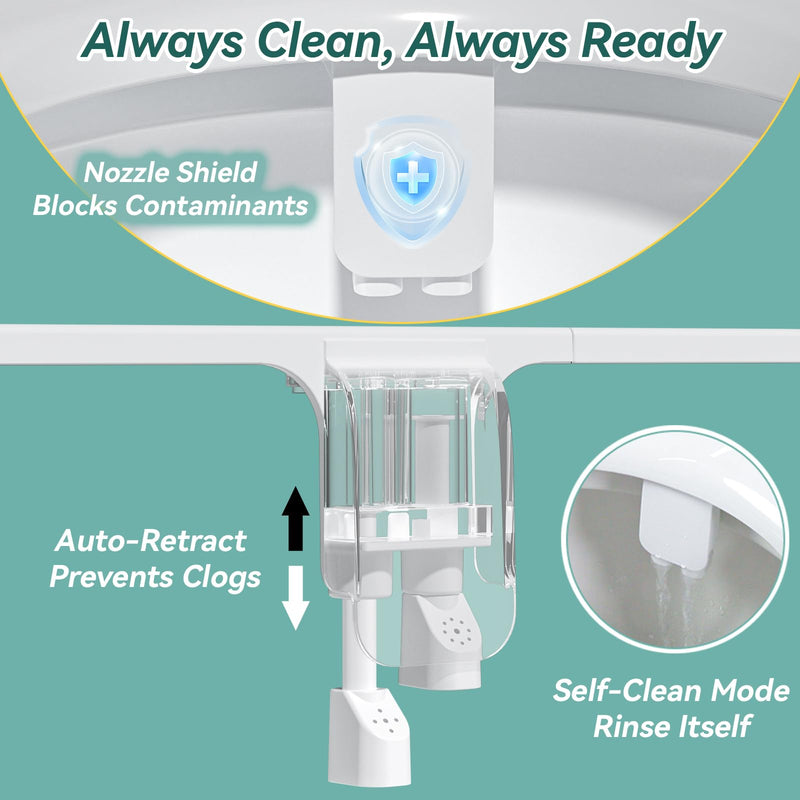 ‌BIGCOW Ultra-Slim Bidet Attachment, Self-Cleaning Dual Nozzle (Front/Rear Wash), One-Finger Command, Ergonomic 3+1 Tactile Controls, Pressure Dial & Tool-Free Install, Instant Hygiene Upgrade