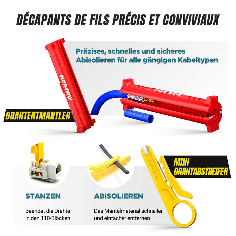 AMPCOM Ethernet Crimping Tool Kit 10-in-1 RJ45/RJ11 Network Tool Kit with RJ45 Tester for Cat6/Cat5e/Cat5 RJ45 Connectors, Includes 110 Punch Down Tool & Wire Stripper, Portable Waterproof Bag 568R All in 1