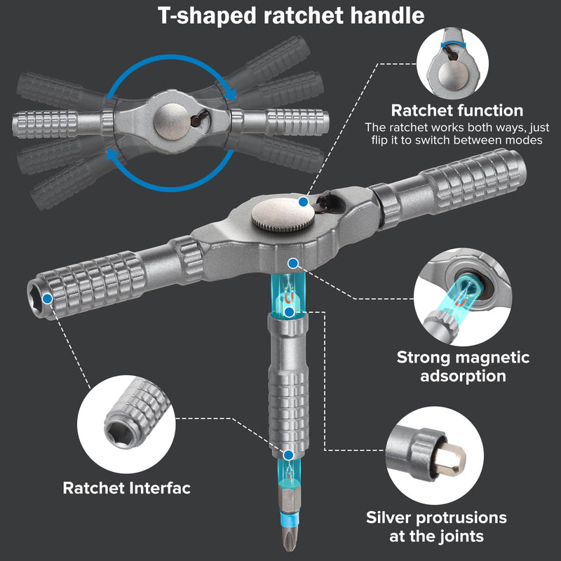 66 in 1 Magnetic Screwdriver, Ratchet Screwdriver Set, S2 Steel Bits with Ratchet T Handle Multi-Bit Tool Set for Furniture Assembly, Appliance Repair 66 in 1