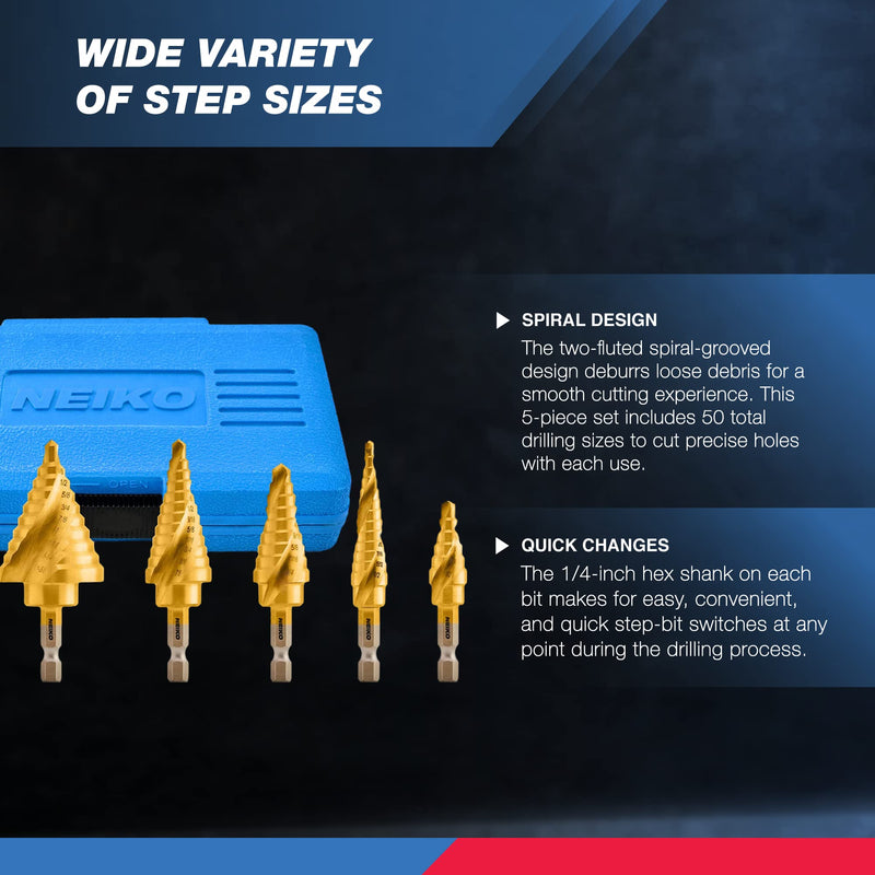 NEIKO 10173A Step Drill Bit Set for Metal and Wood, 5 Piece SAE, Spiral Grooved for Faster Drilling, Step Bits with 50 Total Step Sizes, Titanium Coated Unibits 5pc (1/8 to 1-3/8" 50S) Quick-Change Hex HSS