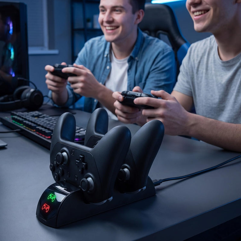 Switch 2 Pro Controller Charging Station, LED Indicator Dual Charger Stand | Dual charger stand for Switch 2 Pro Controller with LED display, fast 5V/2A charging, and convenient desktop storage