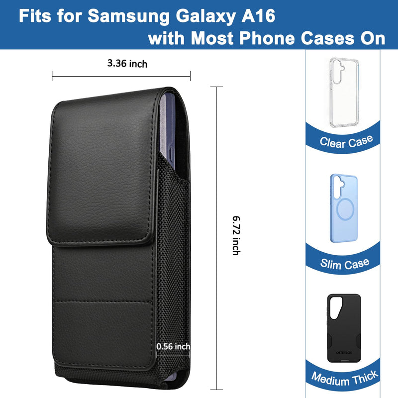 Leather Phone Holster for Samsung Galaxy A16, Black | Belt Clip, Magnetic Closure, Card Holder, Premium PU Leather, Elastic Side Bands, Soft Lining, Fits Protective Cover on