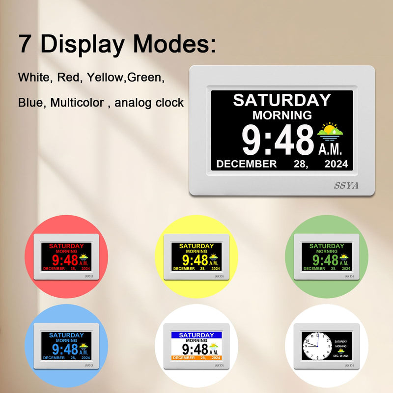 SSYA Digital Calendar Alarm Clock - Dementia Clocks for Seniors, Non-Abbreviated Memory Loss Clock with Date and Time for Elderly (White) 7" White