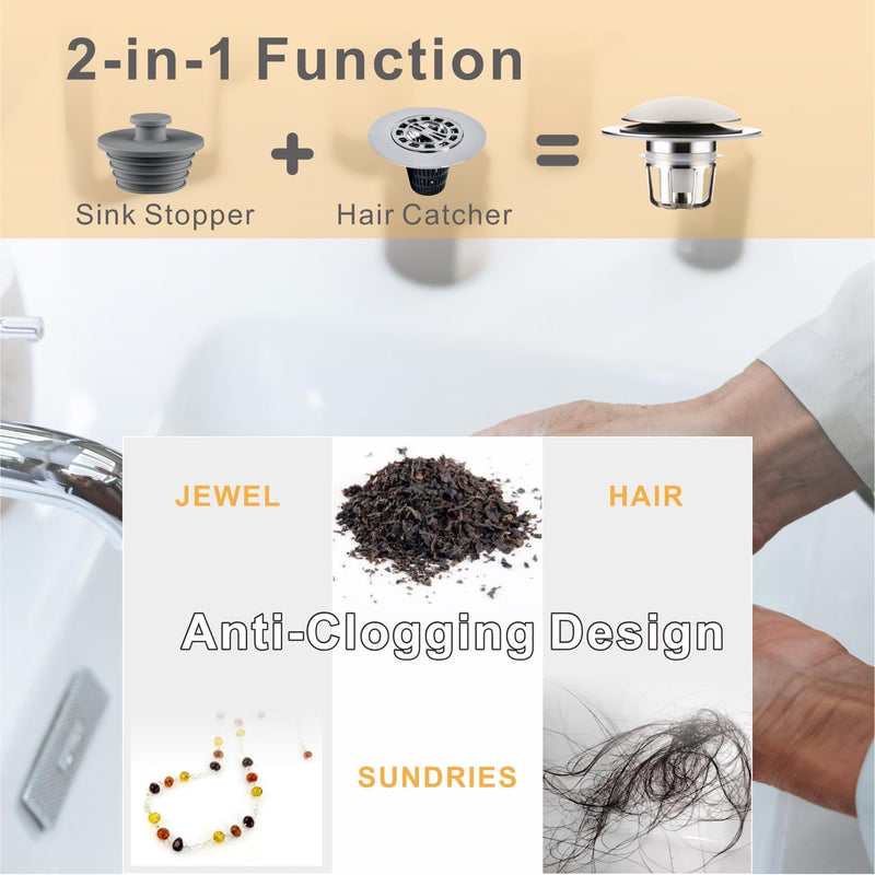 2 Pack Brushed Nickel Bathroom Sink Stopper Pop Up, Wellup 2-in-1 Bathroom Sink Drain Stopper for 1 1/8"-1 1/2" Sink Drain Hole, Universal Sink Stopper Strainer with Hair Catcher Brushed Nickel-2