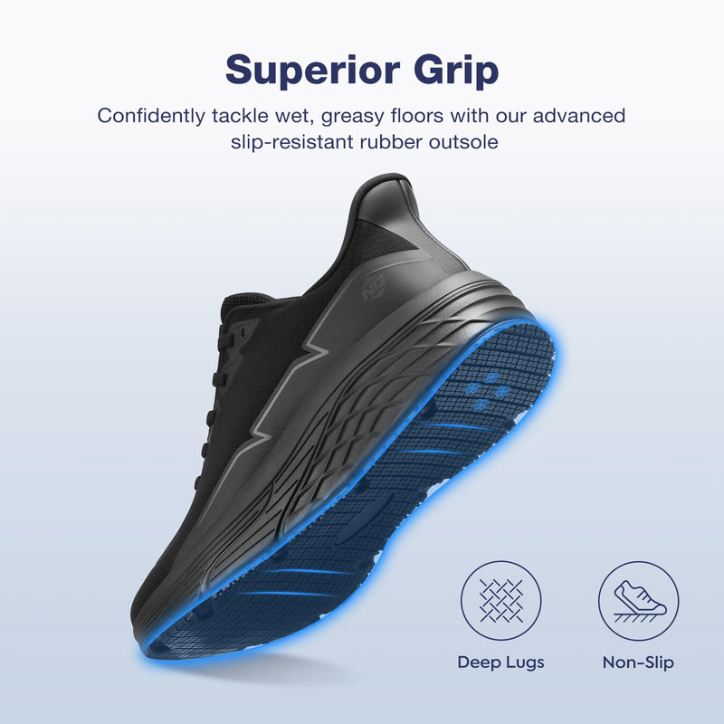 NINGO Non Slip Work Shoes for Women, Lightweight Food Service Sneakers with Waterproof Upper, Slip On Design with Breathable Mesh, Comfortable Oil Resistant Chef Shoes for Kitchen Restaurant, Black 6