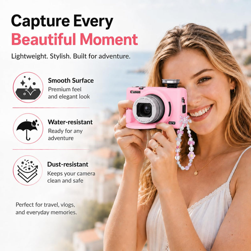 Silicone Camera Case for Canon G7X Mark III with Removable Lens Cover,BraceletWrist Strap,2 Tempered Glass Screen Protectors,Protective Travel,DailyPhotography Camera Accessories (Pink) Pink