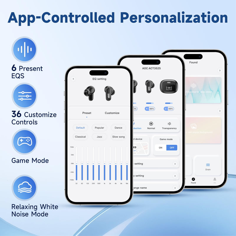 AOC Noise Cancelling Wireless Earbuds, 39dB ANC, 45H, LED Display, Black | in Ear Bluetooth 5.4 Headphones with 6 ENC Mic, Transparency Mode, Deep Bass Sound, 36 EQs via App, Fit for Sports, Commuting