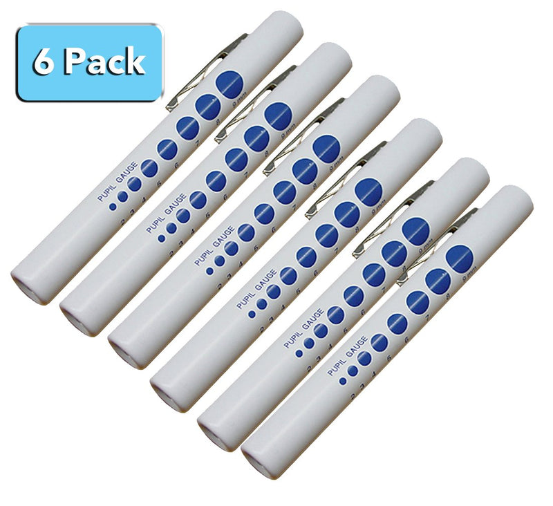 EMI 6 Pack - Bright LED Disposable White Diagnostic Penlights with Imprinted Pupil Gauge - Medical Pen Light for Nurse, Student, EMT, Doctors, and More