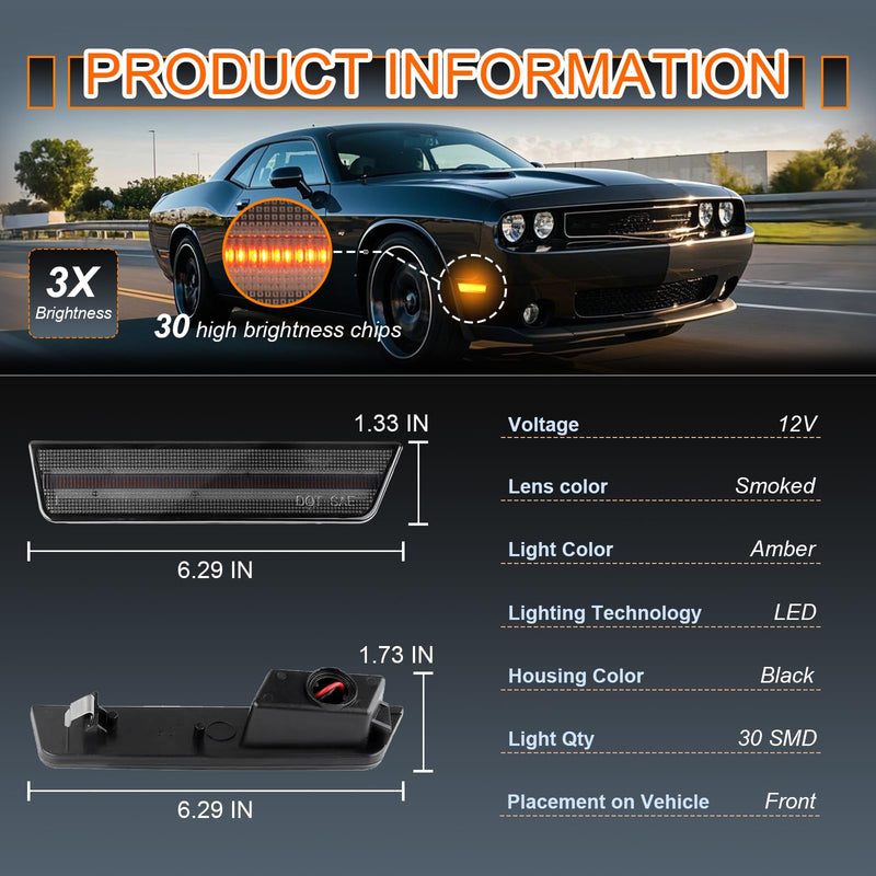 LED Side Marker Lights Front Bumper LED Sidemarker Amber For Dodge Challenger 2008-2014 Front Bumper Signal Reflectors Lamp Smoked Len,2PCS