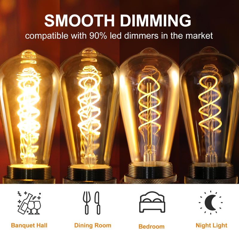 ST64 LED E26 Vintage Edison Light Bulbs, Light Amber Glass, Dimmable, 4W(40W Equivalent) 300 Lumens, 2500K Warm White, Spiral Filaments Design, Antique Style, 25000 Hrs, 4-Pack Light Amber-2500k 4 Pack