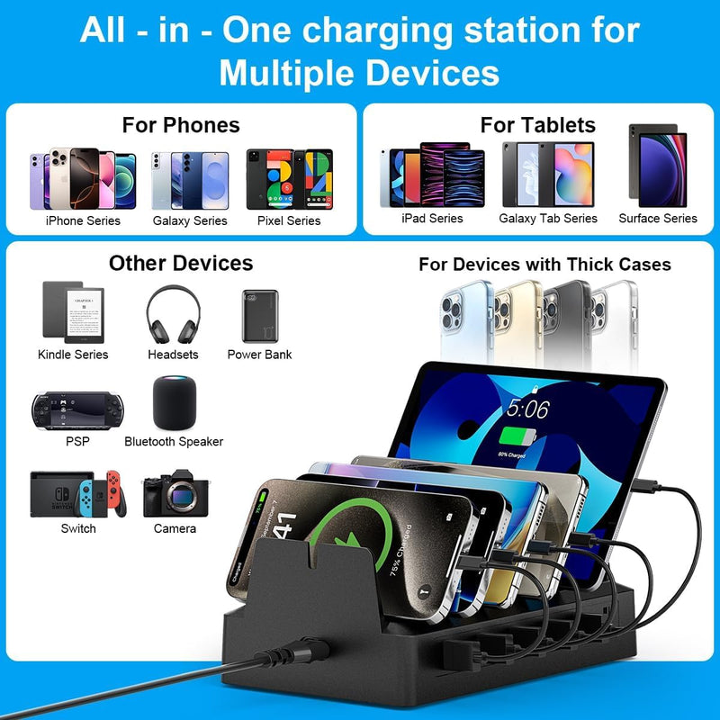 Charging Station for Multiple Devices, 6 Port USB Desktop Charger Dock Compatible with iPad, Samsung, Android, Tablet, Family Multi Phone Charging Organizer with Divider Holders, Fireproof ABS (Black) Black