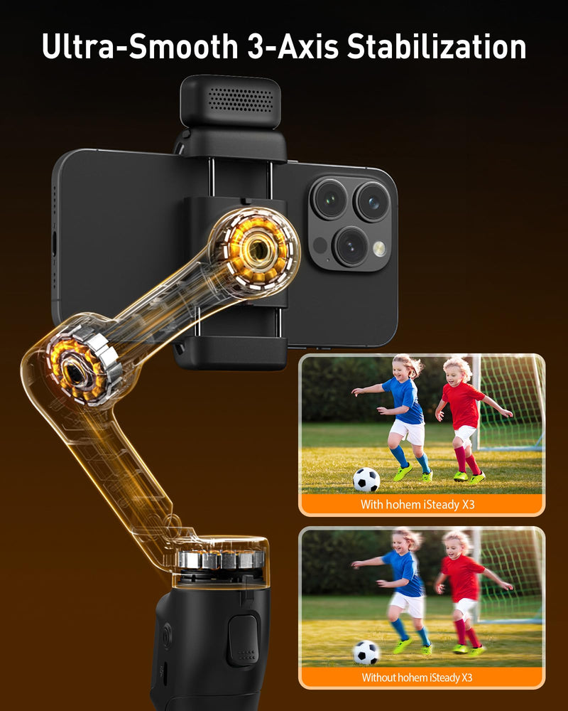 hohem iSteady X3 3-Axis Gimbal Stabilizer for iPhone & Android, Black | Detachable Remote, iSteady 8.0 Anti-Shake, Tripod & Extendable Rod, Magnetic Fill Light, AI Tracking, Foldable 0.93lb Design iSteady X3 Black