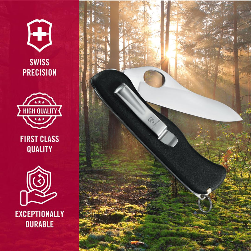 Victorinox Sentinel One-Hand Pocket Knife with Lock Blade and Clip - Black | Swiss made stainless steel construction, 5 functions, ultra lightweight streamlined design, key ring, and slim profile