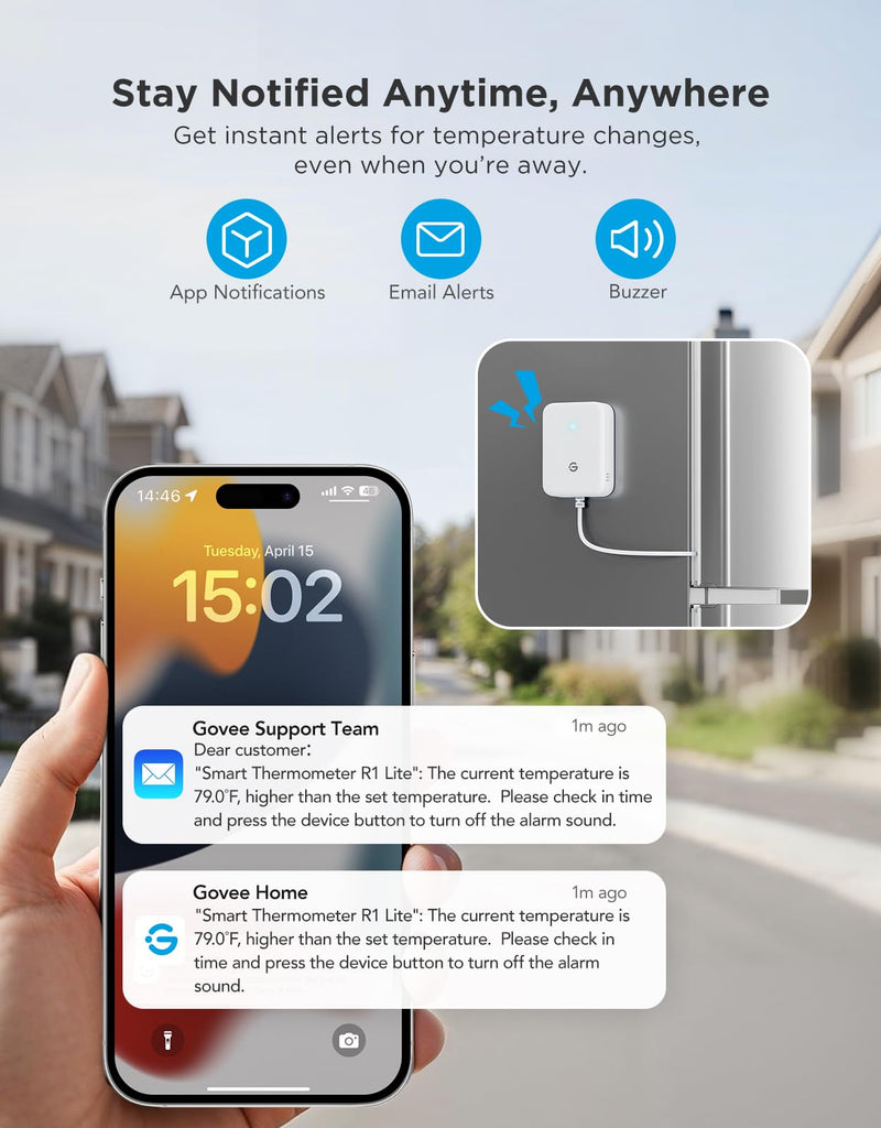 GoveeLife WiFi Refrigerator Thermometer with Alarm, Wireless Digital Freezer Temperature Gauge with App Control, 2 Years Free Data Export, for Home Kitchen Fridge Hot Tub(Only Support 2.4G Wi-Fi) 1 Gateway+1 Sensor