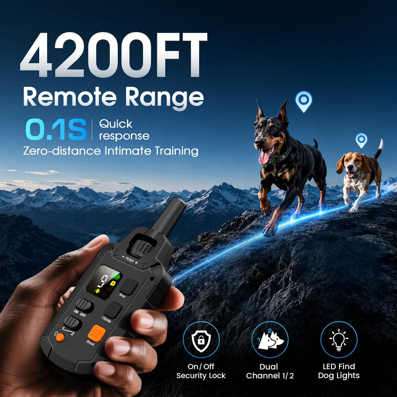 Military Dog Shock Collar 2 Dogs, 4200ft Dog Training Collar with Remote, IPX7 Waterproof Electric Dog Collar with 3 Training Modes, LED Lights & Security Lock, Rechargeable eCollar for 5-120lbs Dogs Black