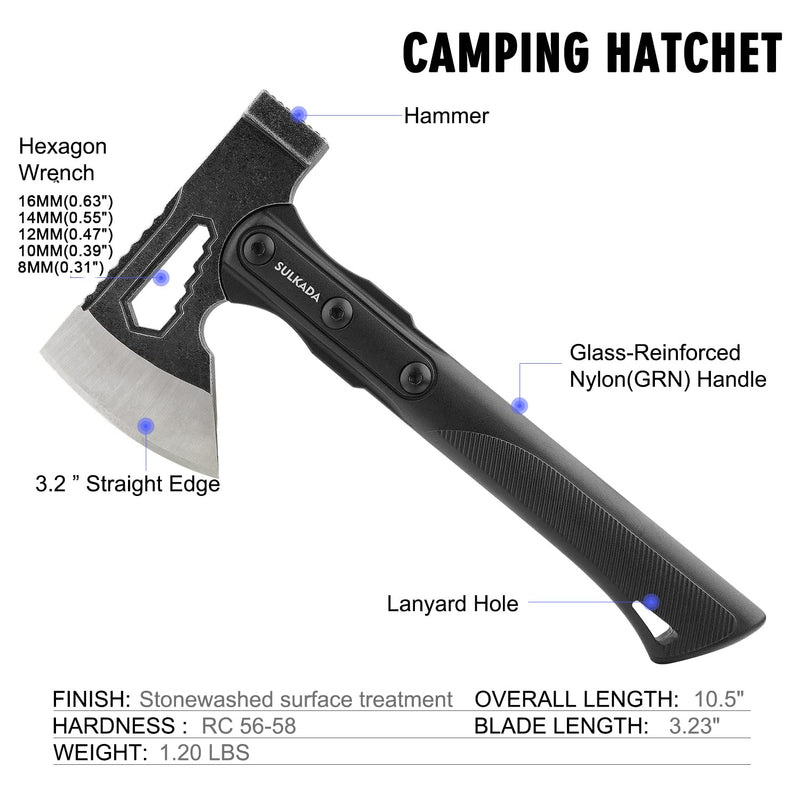 SULKADA Camping Hatchet, 10.5 Inch Survival Axe,Stainless-Steel Blade,Fiberglass Shock Reduction Handle with Anti-Slip Grip, for Chopping Wood,Gardening and Outdoor Survival,Gift for Dad Men