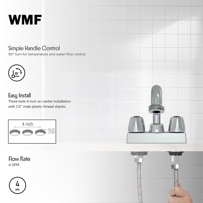 WMF-4225-1-L Utility/Laundry/Shop Sink Faucet, Double Handle with 3/4" Hose Thread in Chrome, Threaded end Slop Spout, 4" Centerset