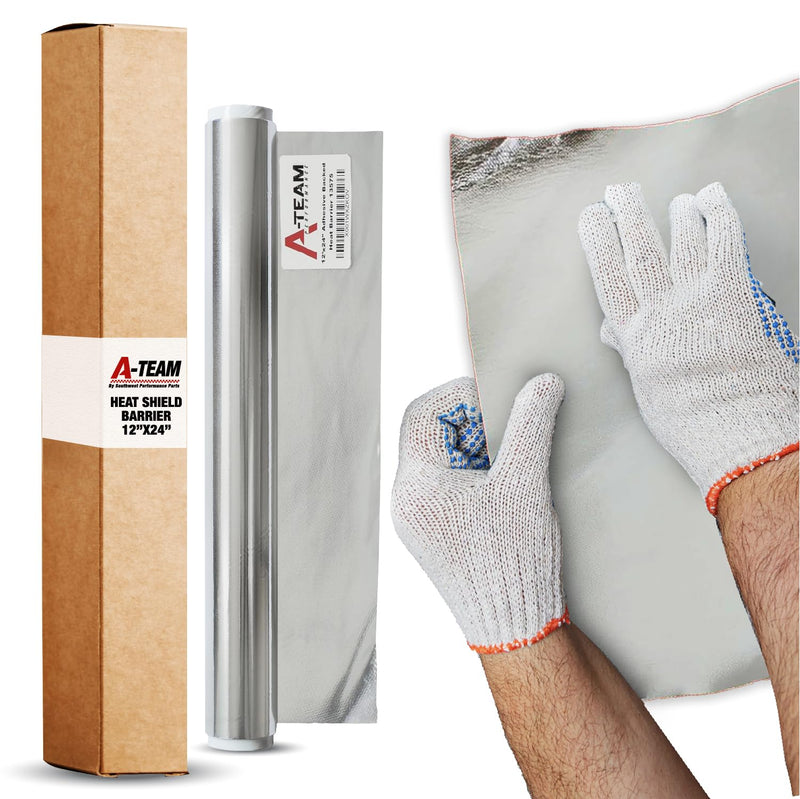 A-Team Performance, 13575 Adhesive Backed Aluminized Fiberglass Heat Shield Barrier Up To 2000 Degrees Fahrenheit Multi-Purpose, Compatible with Firewall Hoods Hoses and Doors 12" x 24" Aluminum