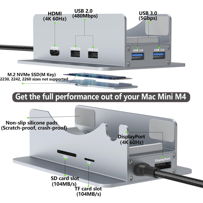  [AUSTRALIA] - Mac mini M4 Dock & Stand with 4K60Hz HDMI and DisplayPort, M.2 NVMe SSD Enclosure, 4 USB-A Ports, SD/TF Card Reader 9 in 1 Hub for Mac mini M4/M4 Pro - Silver
