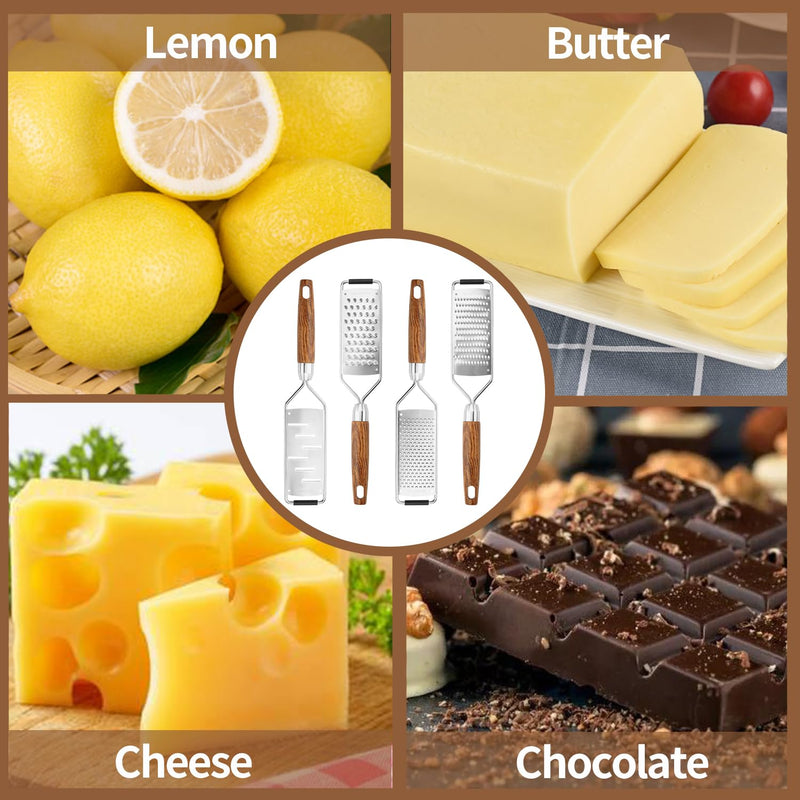 Professional Cheese Grater Stainless Steel,Multi-Purpose Grater With Wood Handle for Cheese, Ginger, Lemon, Garlic, Nutmeg,Fruits,Chocolate & Spices-Wideboard (4PCS) 4PCS