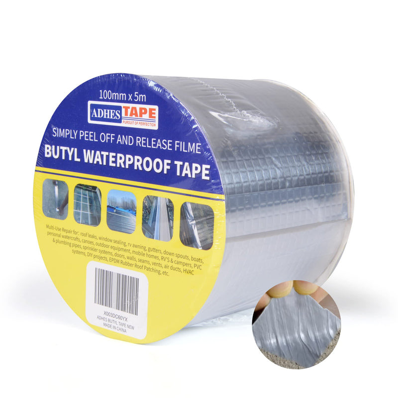 ADHES Butyl Tape Waterproof Tape Aluminum Foil Tape Sealan Tape 100mm x 5m(4inch x 5m), for RV Repair, Window, Silicone, Boat and Pipe Sealing, Glass & EDPM Rubber Roof Patching, Silver 1