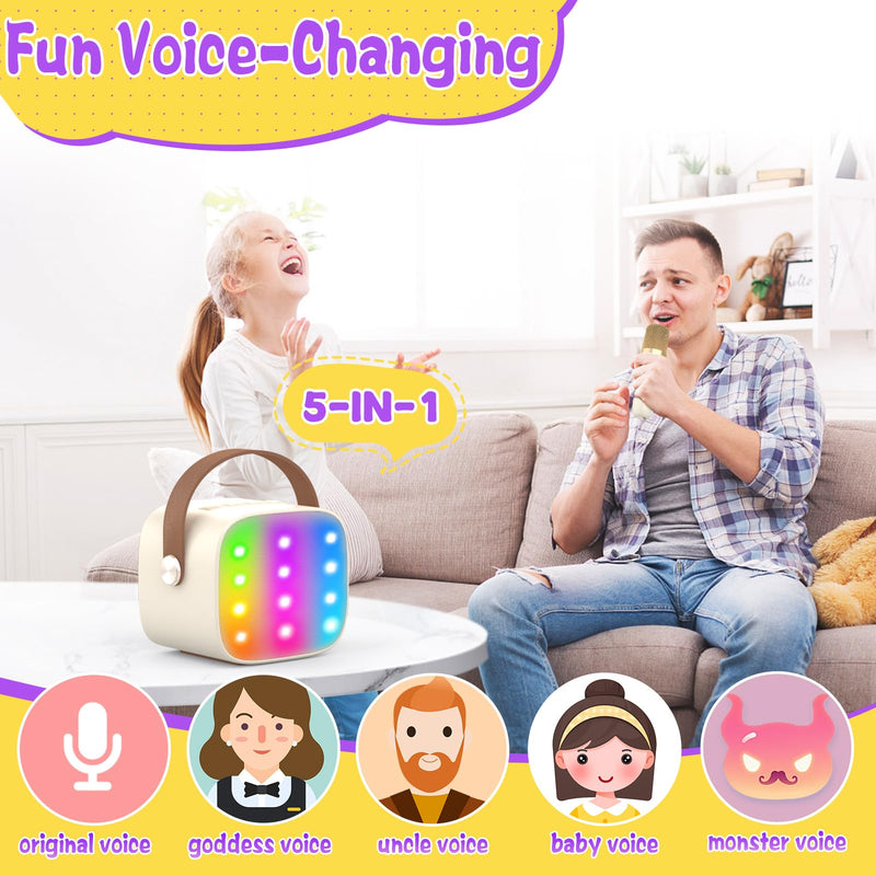 Mini Karaoke Machine,Funny Toys Christmas Birthday Gifts for Kids Age 4-12 Girls,Boys,Adults,MEGUO Karaoke Microphone Toys for 4,5,6,7,8,9,10,11,12+ Year Old Girls Boys (Beige2-LED) Beige2-LED