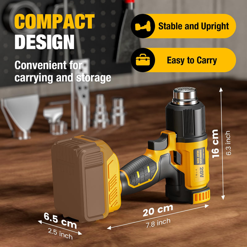 Cordless Heat Gun for De-WALT 20V MAX Battery, 7Pcs Nozzles&Scraper, LED Light, 350W Fast Heating Soldering Hot Air Gun, 2-Temp Setting Max 990℉(532℃), Heat gun for Shrink Tubing, Crafts (Tool Only) Yellow (Battery and Charger Not Included)