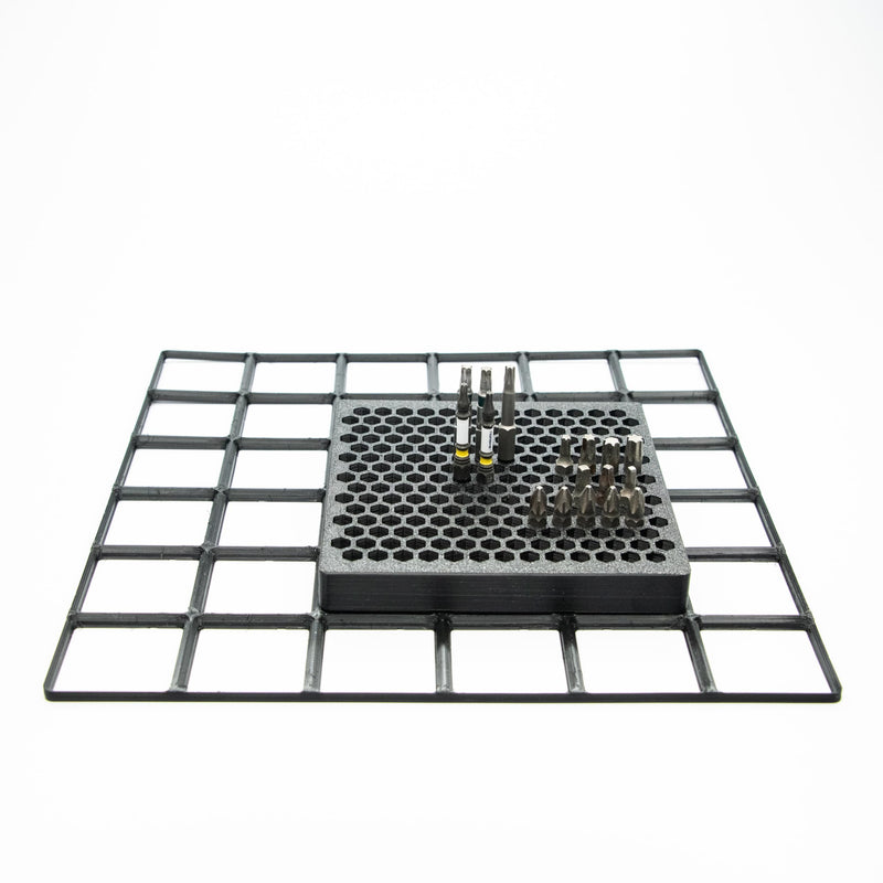 BOB'S TOOL COMPANY | Modular 1/4” Hex Bit Organizer System | 202-Slot Screwdriver/Driver Bit Holder for Toolbox & Workbench Storage | Gridfinity Compatible (Black, 126 mm x 126 mm) 202 Hex Slots - 126 mm x 126 mm Black