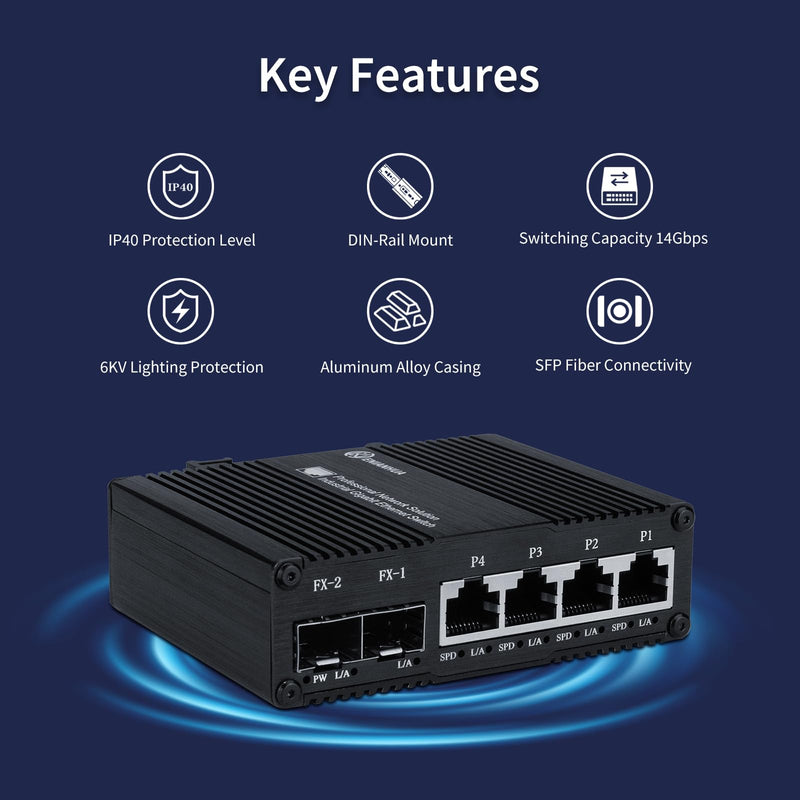 Industrial 6 Port Umanaged Ethernet Switch, Network Switch, 4 Port RJ45 10/100/1000BASE-T+2 Gigabit SFP Slot 1000Base-X, Plug & Play, Din Rail or Wall Mount, AC 110V~220V Wide Voltage Input