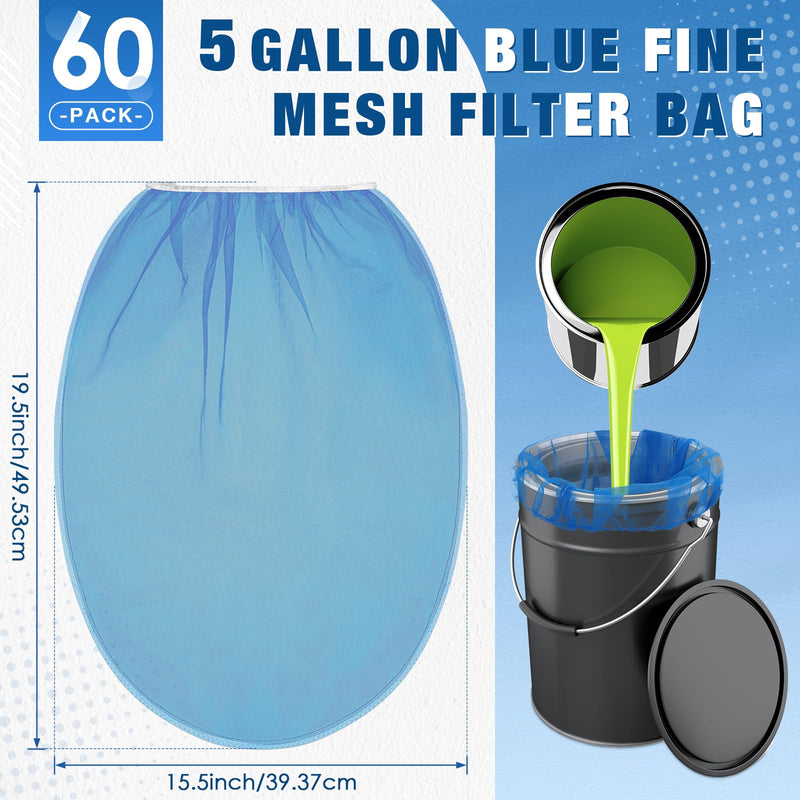 Windyun 60 Pcs Paint Strainer Bags 5 Gallon Fine Mesh Filter Bag Disposable Paint Bucket Strainer Mesh with Elastic Top Opening Hydroponic Filter Tool for Gardening(Blue) Blue