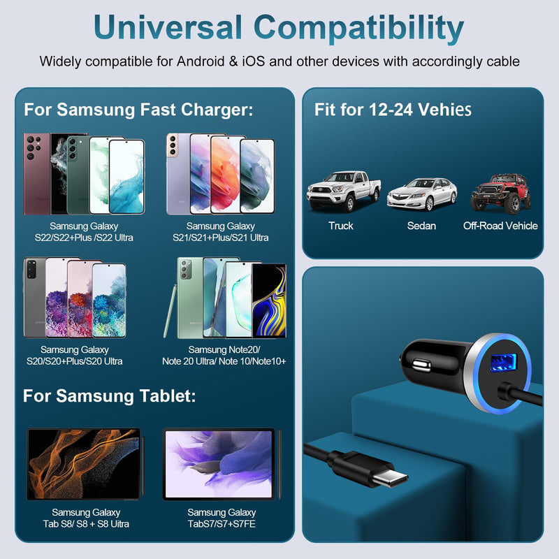for Samsung S26 Ultra USB Car Charger Fast Charging forSamsung Galaxy S26 S26+ S25 Ultra S25 FE S24 Ultra S23 S22,USB A Car Charger + 3FT Coiled USB C Cable for Galaxy A56 A55 A36 A35 A26 A25 A16 A15