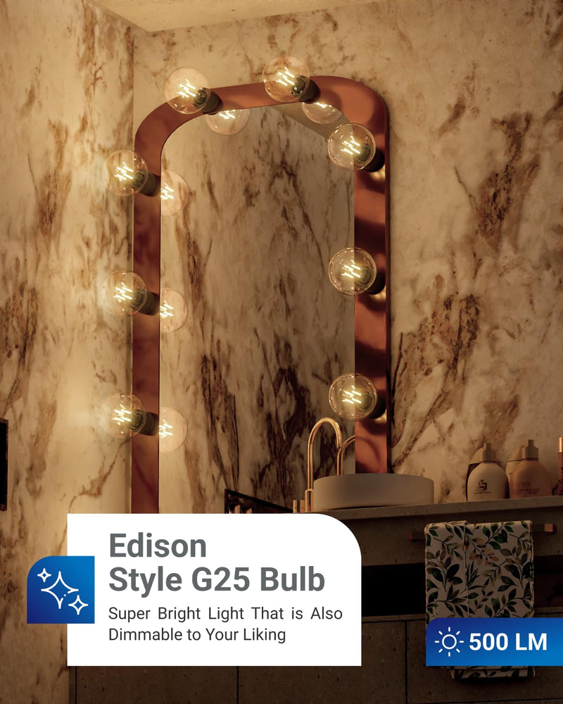 Sunco 6 Pack G25 Globe Light Bulbs LED Edison Vanity Light Bulbs, CRI90, 3000K Warm White, Dimmable, 5W=60W, Clear Vintage Filament Globe, 500 Lumens, E26 Base, Indoor Outdoor, UL 6 Count (Pack of 1)