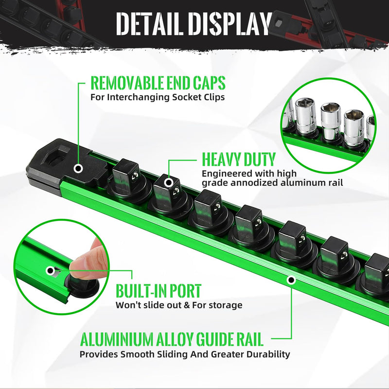Magnetic Socket Organizer, 1-Piece Heavty Duty Aluminum Socket Holder, Socket Rail for Tool Box, Premium Quality 360° Swivel Socket Rack with 14 Clips for 3/8-Inch(Green) 3/8-Inch Drive Green