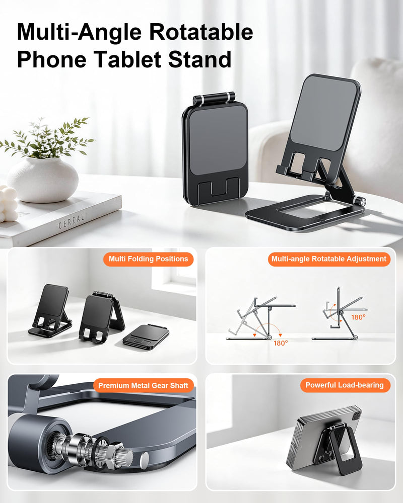 Adjustable Foldable Phone Stand for Desk, Premium Aluminum Cell Phone Holder, Portable Multi-Angle Desktop Stand Compatible with iPhone, Galaxy, iPad, Tablets & All Smartphones