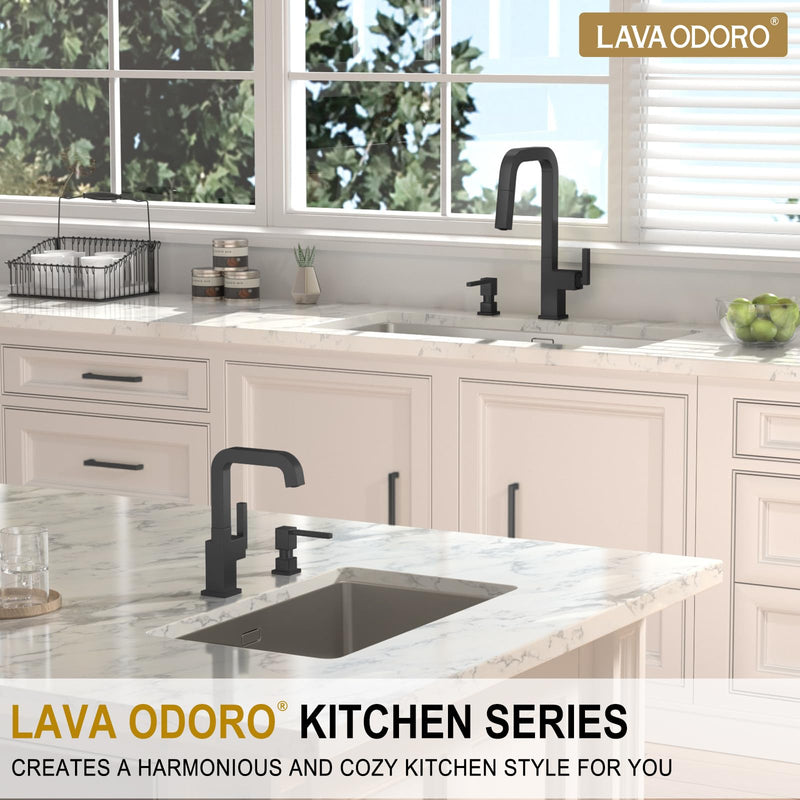 Lava Odoro Soap Dispenser for Kitchen Sink, Black Sink Soap Dispenser Pump, Modern Square Built in Kitchen Sink Countertop Pump Dispenser with 18oz Refillable Bottle, Spot-Free KSD182-MB Matte Black