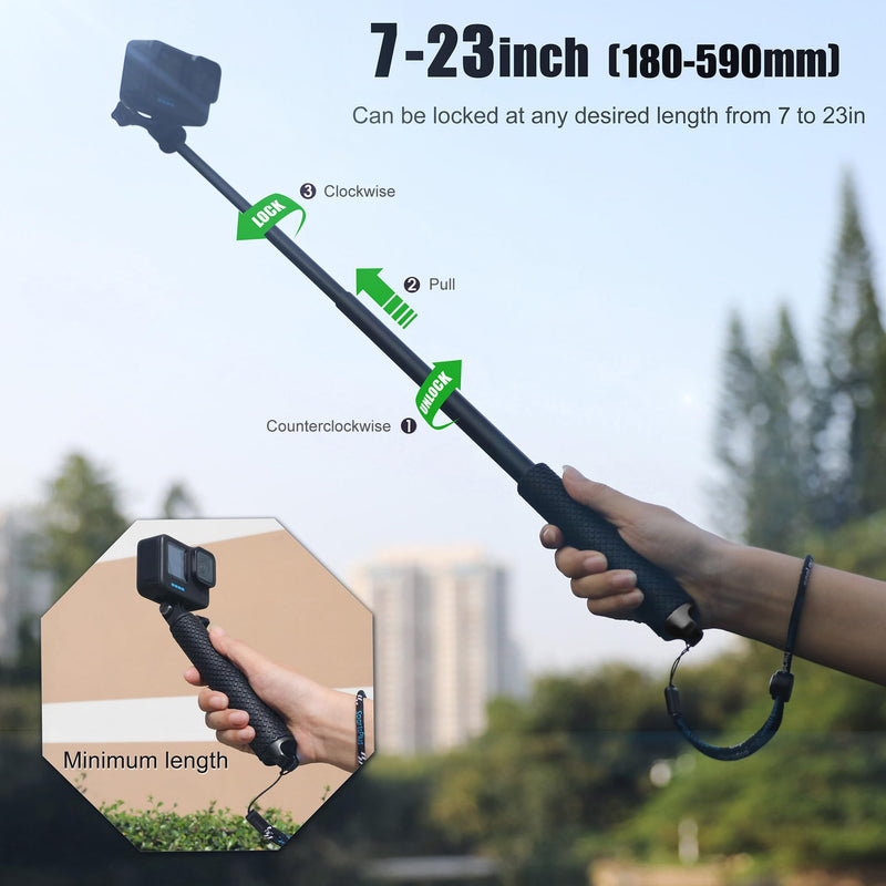 SOONSUN 23'' Aluminum Waterproof Extension Monopod Pole Selfie Stick for GoPro Hero 12 11 10 9 8 7 6 5 4, Max, Mini, Fusion, Session, Insta360 X2 X3, GO3, Osmo Action 3 4, AKASO camera